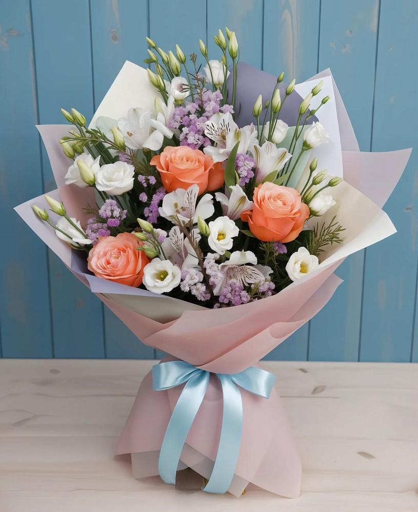 Букет цветов из: Лизиантусы, Розы, Альстромерии и Гипсофила в Екатеринославке