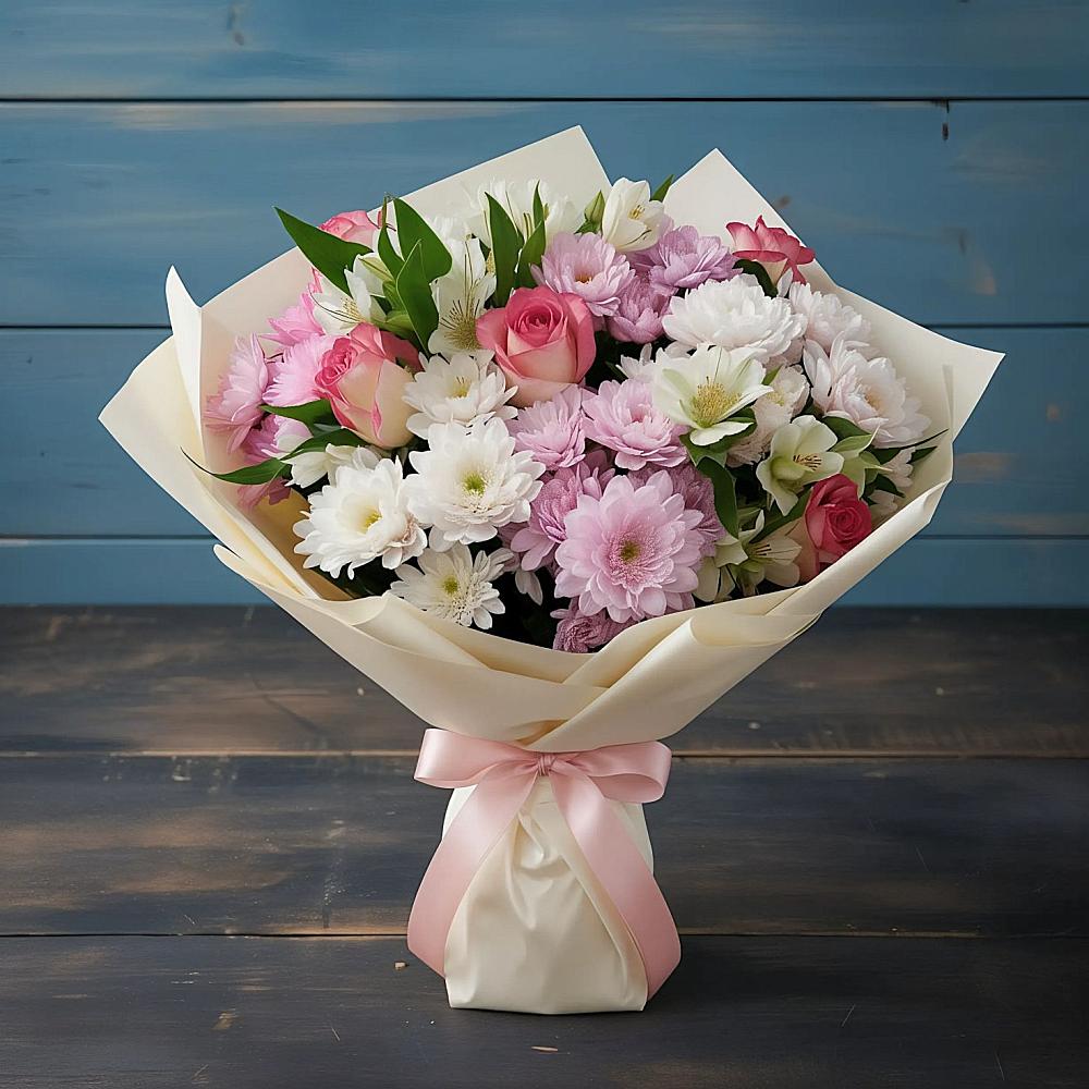 Букет цветов из: Хризантемы, Альстромерии и Розы в Екатеринославке